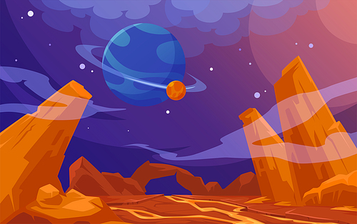 Mars landscape, alien planet background, red land surface, mountains and flowing lava, saturn and stars shine on dark sky. Martian extraterrestrial computer game backdrop, cartoon vector illustration