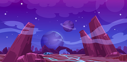 Spaceship on alien planet surface at night. Vector cartoon illustration of futuristic landscape in cosmos with rocks, water stream, shuttle, stars and planets in sky. Fantasy background for space game