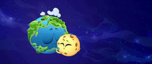 Cute planet Earth and Moon characters embrace in outer space. Vector cartoon illustration of hugs of funny green planet with clouds and satellite on background of cosmos and galaxy