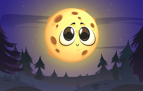 Cute Moon character in night sky with stars. Vector cartoon illustration of dark forest landscape with black silhouettes of coniferous trees in and glowing funny moon in sky