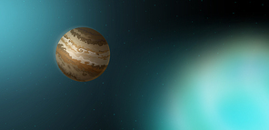 Jupiter, fifth planet in Solar system in outer space. Vector cartoon illustration of cosmos background with stars, brown gas giant planet and blurry Earth sphere