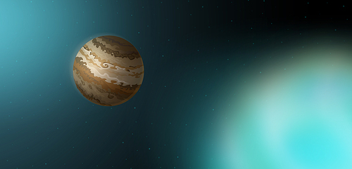 Jupiter, fifth planet in Solar system in outer space. Vector cartoon illustration of cosmos background with stars, brown gas giant planet and blurry Earth sphere