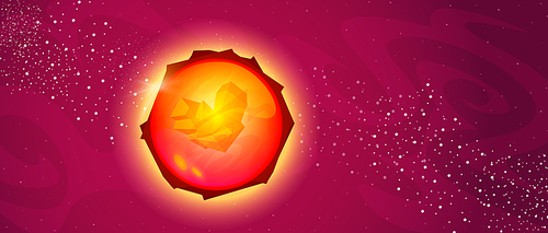 Fantasy alien planet in outer space. Vector cartoon illustration of magic world, asteroid or planet with transparent sphere and orange crystal inside on background of cosmos with stars