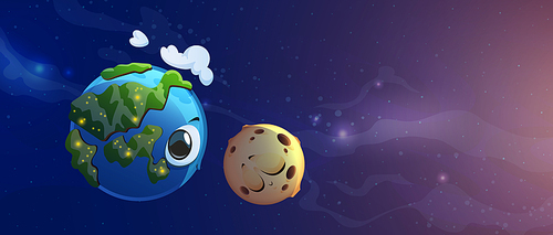 Earth and Moon cartoon characters in space with stars and milky way, cute blue planet with big eyes covered with clouds and continents and kawaii sleeping Luna in far Universe, Vector illustration