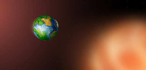 Earth in space with stars and huge glowing sun on defocused background. Blue planet covered with continents and oceans in far Universe, round astronomical object in cosmos, Cartoon vector illustration