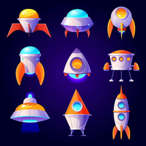Rockets, ufo and shuttles isolated on blue background. Vector cartoon futuristic design of different spaceships in cosmos, flying saucer, unidentified rocketships and satellites