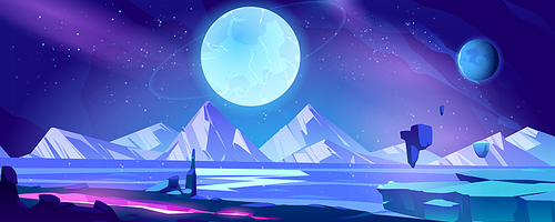 Alien planet landscape, cosmic background, deserted coastline with mountains view, glowing cleft, stars and shining spheres in space. Extraterrestrial pc game backdrop, cartoon vector illustration