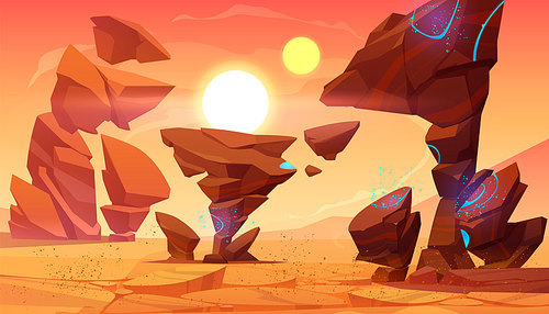 Alien planet desert in cosmos. Mars landscape with ocher ground surface with sandstorm, rocks, blue sparkles, two suns on sky. Martian extraterrestrial pc game backdrop, Cartoon vector illustration