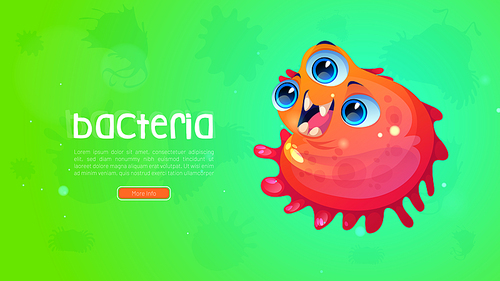 Bacteria poster with cute germ character on green background. Vector medical banner with cartoon illustration of funny red microbe, microorganism or virus. Comic bacterium with teeth and eyes