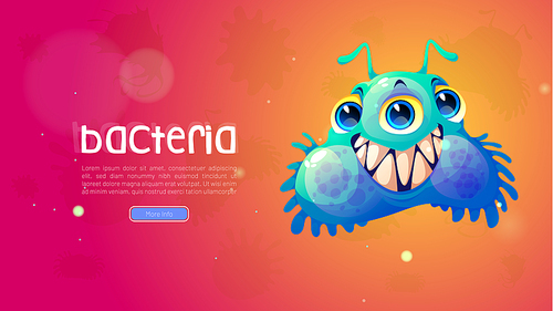 Bacteria poster with funny virus character on red background. Vector medical banner with cartoon illustration of cute germ, microbe or microorganism. Comic blue bacterium cell with teeth and eyes