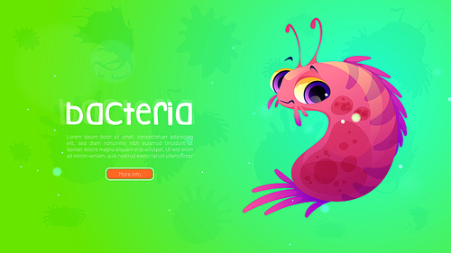 Bacteria banner with funny microbe character on green background. Vector medical poster with cartoon illustration of cute pink germ, virus or bacterium cell. Comic microorganism with flagella