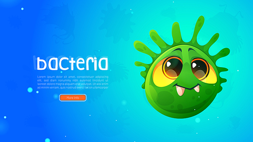 Medical poster with bacteria character, funny round germ on blue background. Vector banner with cartoon illustration of cute circle virus, microorganism or bacterium cell. Comic green microbe
