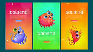 Bacteria posters with cute germ and microbe characters. Vector medical banners with cartoon illustration of comic microorganisms and bacterium cells with flagella, teeth and eyes