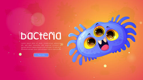 Bacteria cartoon web banner with funny blue microbe or virus character. Cute cell, cheerful germ with three eyes on smiling face and flagella. Pathogen microbe, micro organism Vector illustration