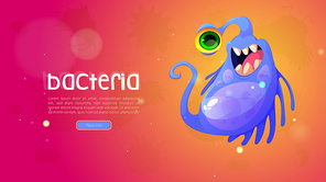 Bacteria cartoon web banner, cute one-eyed virus cell or germ character. Smiling pathogen monster, micro organism with funny happy face, toothy microbe with purple body, long tail Vector illustration