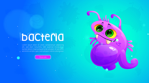 Cartoon web banner with cute bacteria or pathogen cell character. Funny virus, microbe, smiling micro organism, purple germ with antennas and fangs, allergy kids medical personage Vector illustration