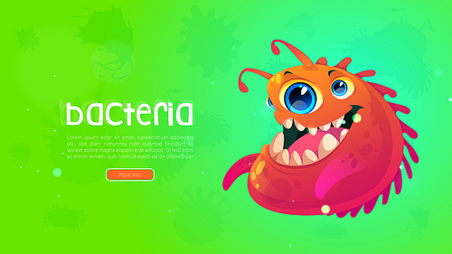 Funny bacteria or germ cartoon web banner. Spooky virus cell character with toothy face, many eyes, red body and antennas. Pathogen microbe, mold, monster, allergy or alien mutant, Vector illustration