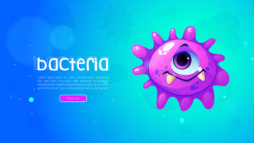 Bacteria cartoon web banner with funny corona virus disease character, one-eyed coronavirus with funny toothy face or germ cell pathogen microbe monster with big eye and pimples, Vector illustration