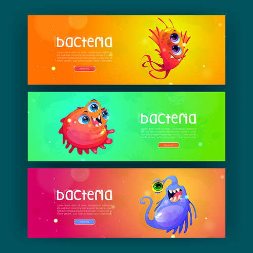 Cartoon banners with cute bacteria, virus or germ cells characters, microorganisms with funny smiling faces. Pathogen microbes, alien monsters or pathogens with big eyes and teeth, Vector illustration