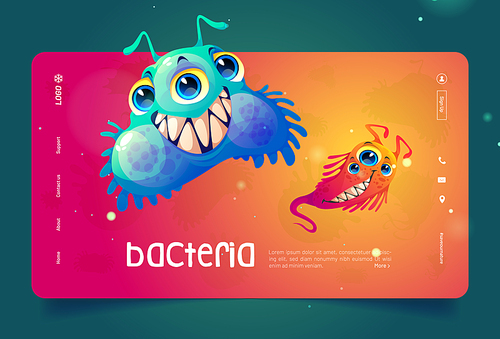 Bacteria cartoon landing page, cute virus or germ cells character with funny faces. Smiling pathogen microbes, monsters with big eyes and teeth, infusoria slipper, influenza, allergy Vector web banner