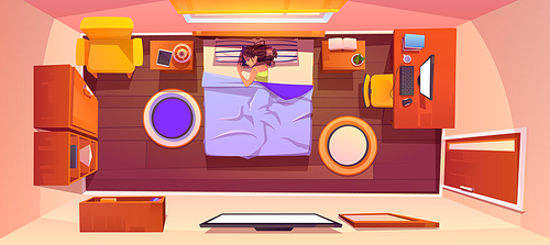 Woman sleep in bed at morning. Bedroom interior top view. Vector cartoon sleeping room with tv and mirror on wall, workspace with desk and computer, bookshelf, chair, wardrobe and nightstands