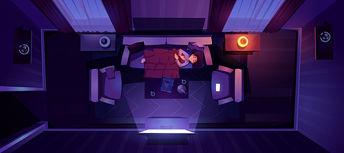 Young man sleeping on sofa at night top view, dormant male character hugging blanket nap front of tv set at home or hotel, relaxing or sleep on cozy couch in apartment. Cartoon vector illustration