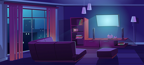 Living room interior with tv and sofa back view at night. Dark apartment with corner couch front of working television on wall, empty home design with furniture and decor, Cartoon vector illustration