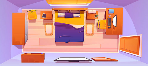 Bedroom interior top view. Vector cartoon furniture for sleeping room, king size bed, tv, workspace with desk and computer, bookshelf, wardrobe and in empty room background