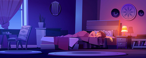 Woman sleeps in bed at night. Bedroom interior in boho style with wooden furniture. Vector cartoon illustration with asleep girl, lit lamp on nightstand and moon light from window