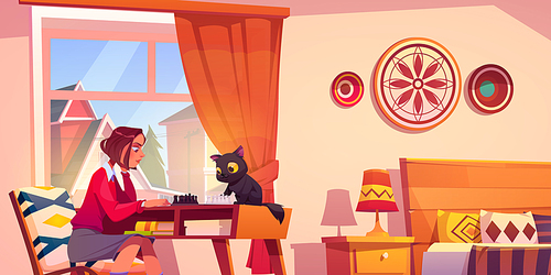 Girl playing chess with funny cat in her bedroom. Young woman board game recreation, prepare for intelligence tournament thinking at chessboard in room home interior, Cartoon vector illustration