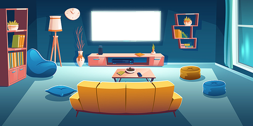 Living room interior with tv and sofa back view at night time. Dark apartment with couch front of working television set on wall, empty home design with bean bag chair, Cartoon vector illustration