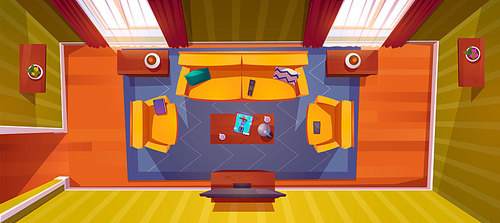 Living room interior top view. Apartment with sofa, tv, armchairs and coffee table with lamp and fashion magazine, potted plant on shelf. Empty home with curtained windows, Cartoon vector illustration