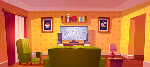 Living room interior with sofa and tv back view, bookshelf and armchair. Cozy apartment with couch front of television set on stand, pictures on wall empty home design, Cartoon vector illustration