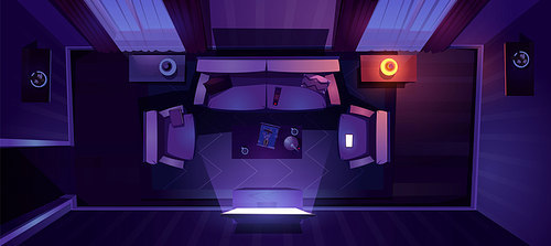 Living room interior at night top view. Vector cartoon illustration of lounge with sofa, chairs and glowing tv screen. Coffee table and couch in dark living room with carpet and curtains on windows