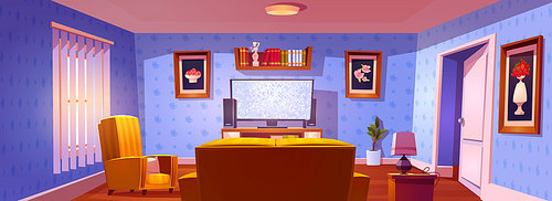 Living room interior with rear view to sofa, chair and glowing tv screen. Vector cartoon illustration of lounge room with yellow couch, plasma television, bookshelves and pictures on wall