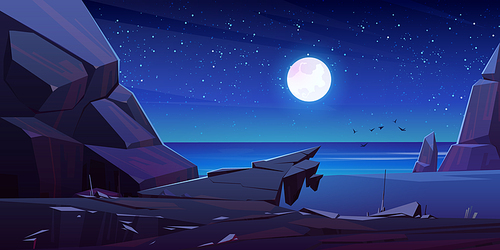 Night landscape with sea, moon and mountains. Vector cartoon illustration of seascape with rocks, stone ledge over sand beach and ocean in moonlight, birds and stars in sky