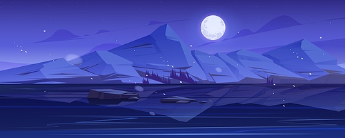 Nordic landscape with lake or river, mountains on horizon and full moon in sky. Vector cartoon illustration of winter nature scene with snowfall, rocks and reflection in water at night