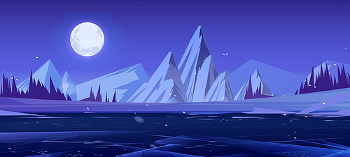 Winter landscape with ice rink, forest and mountains at night. Vector cartoon illustration of nordic nature scene with frozen lake, coniferous trees, snow, rocks and full moon sky