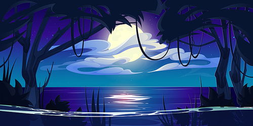 Night ocean landscape, full moon and stars shine in sky above water surface reflecting starlight and jungle trees with lianas. Tropical ocean seascape, dark heaven twilight, Cartoon vector background