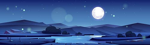 Summer valley with river and mountains on horizon at night. Vector cartoon illustration of nature landscape with water stream, bushes, rocks, and full moon in sky