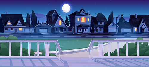 White wooden porch of house in suburb district at night. Vector cartoon illustration of village or suburban city street with cottages, garages, green lawn, bushes and terrace with stairs and fence