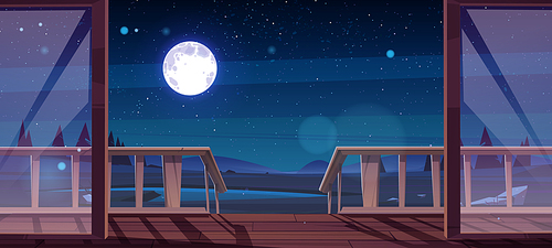 Wooden terrace with stairs and view to rural landscape with pond, fields and coniferous trees at night. Vector cartoon illustration of countryside, house porch and moon in sky