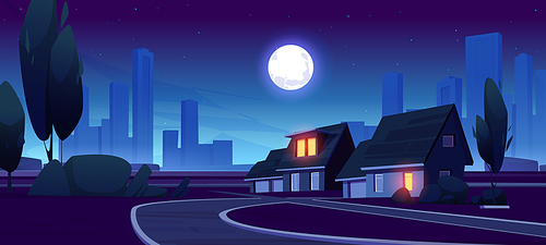 Night suburb district with houses, road and city buildings on skyline in dusk. Vector cartoon illustration of landscape of suburban street with cottages, trees, bushes and full moon