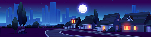 Suburb district with houses and skyscrapers on horizon at night. Summer landscape of suburban street, village with cottages, road, bushes, trees and full moon in dark sky, vector cartoon illustration