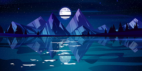 Night landscape with lake, mountains and trees on coast. Vector cartoon illustration of nature scene with coniferous forest on river shore, rocks, moon and stars in dark sky