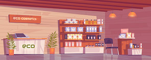 Eco cosmetics shop with natural products for makeup, skincare and perfume in showcase. Vector cartoon interior of beauty store with cashbox on counter, goods on wooden shelves and plants