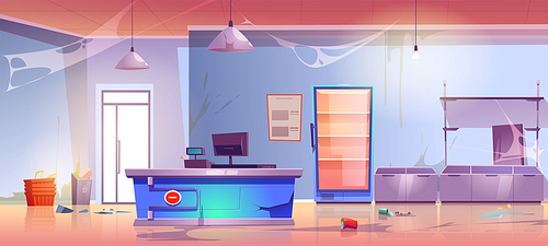 Abandoned grocery store empty shop interior with cracked cashier desk, scatter garbage, spider web, broken shelves and refrigerator. Neglected product market, retail place, Cartoon vector illustration
