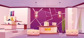 Shoes store interior with women footwear on shelves. Vector cartoon illustration of empty boutique inside, luxury shop with shoes on rack, poufs, mirror, shopping bags with boxes on counter