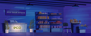 local store with wooden counter, cashbox and organic products on shelves at night. vector cartoon interior of empty grocery shop with healthy ecological food, fruits and vegetables