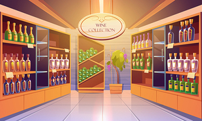 Wine shop, cellar interior with alcohol beverages collection, bottles on wooden shelves. Store in building basement with potted grapes vine, tiled floor and glow lamps. Cartoon vector illustration